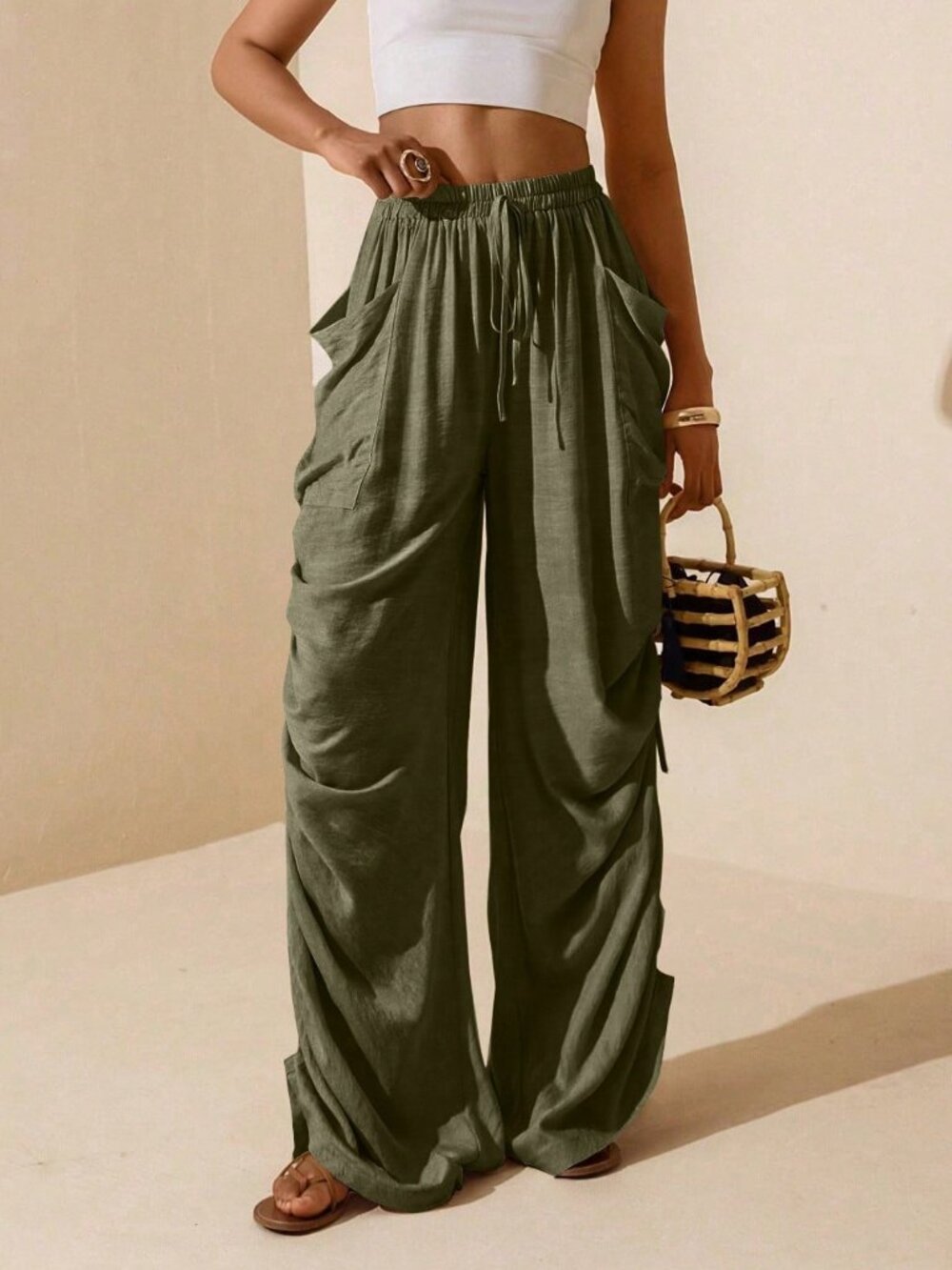 Olive Green Casual Women's Side Ruched Drawstring Pocket Pants - Picture 3 of 7
